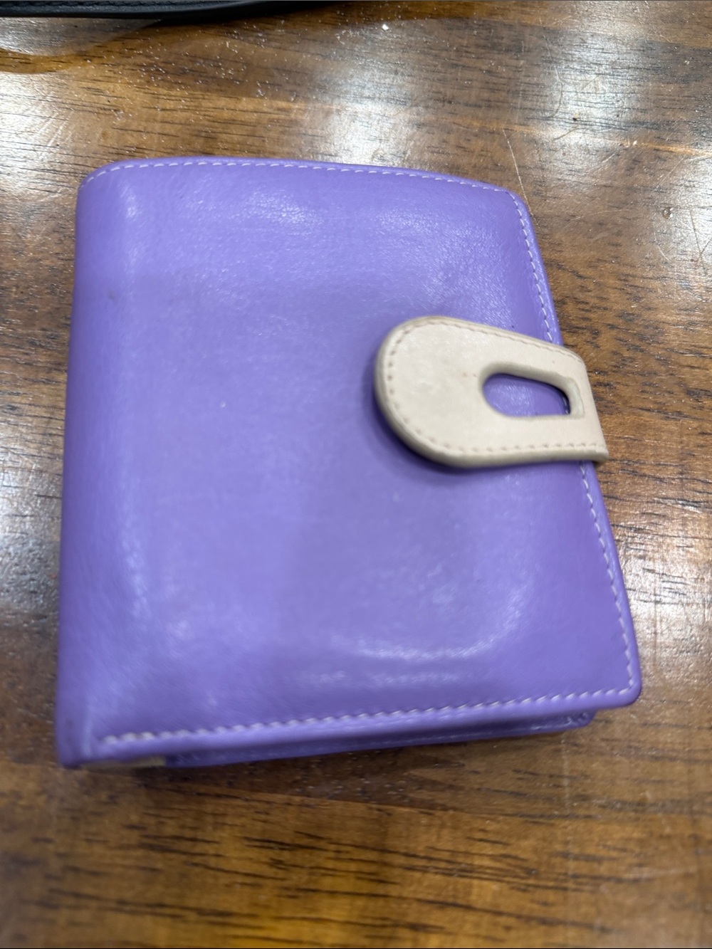 Compact Purple Wallet with Beige Snap Strap